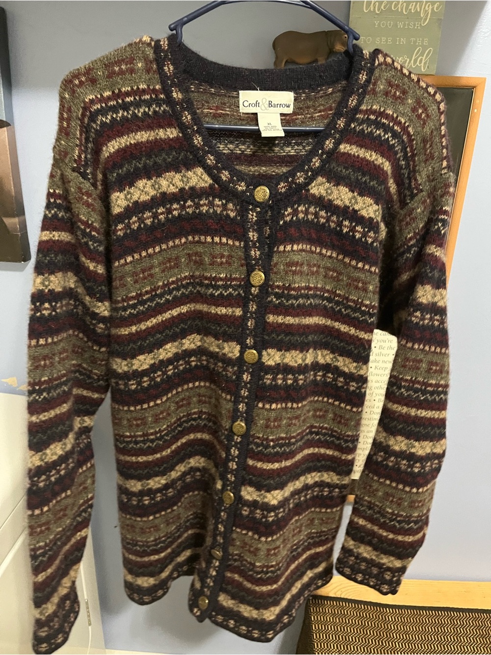 croft & barrow Navy, Cream, Burgundy Wool Button Cardigan
